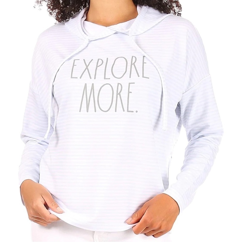 RAE Dunn Explore More Pullover Hoodie Light Blue White Striped French Terry XS